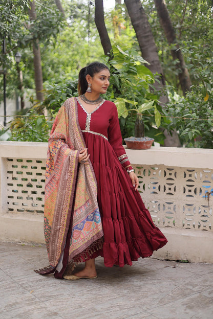 Festive-Ready Maroon Gown With Rich Multi-Print Dupatta