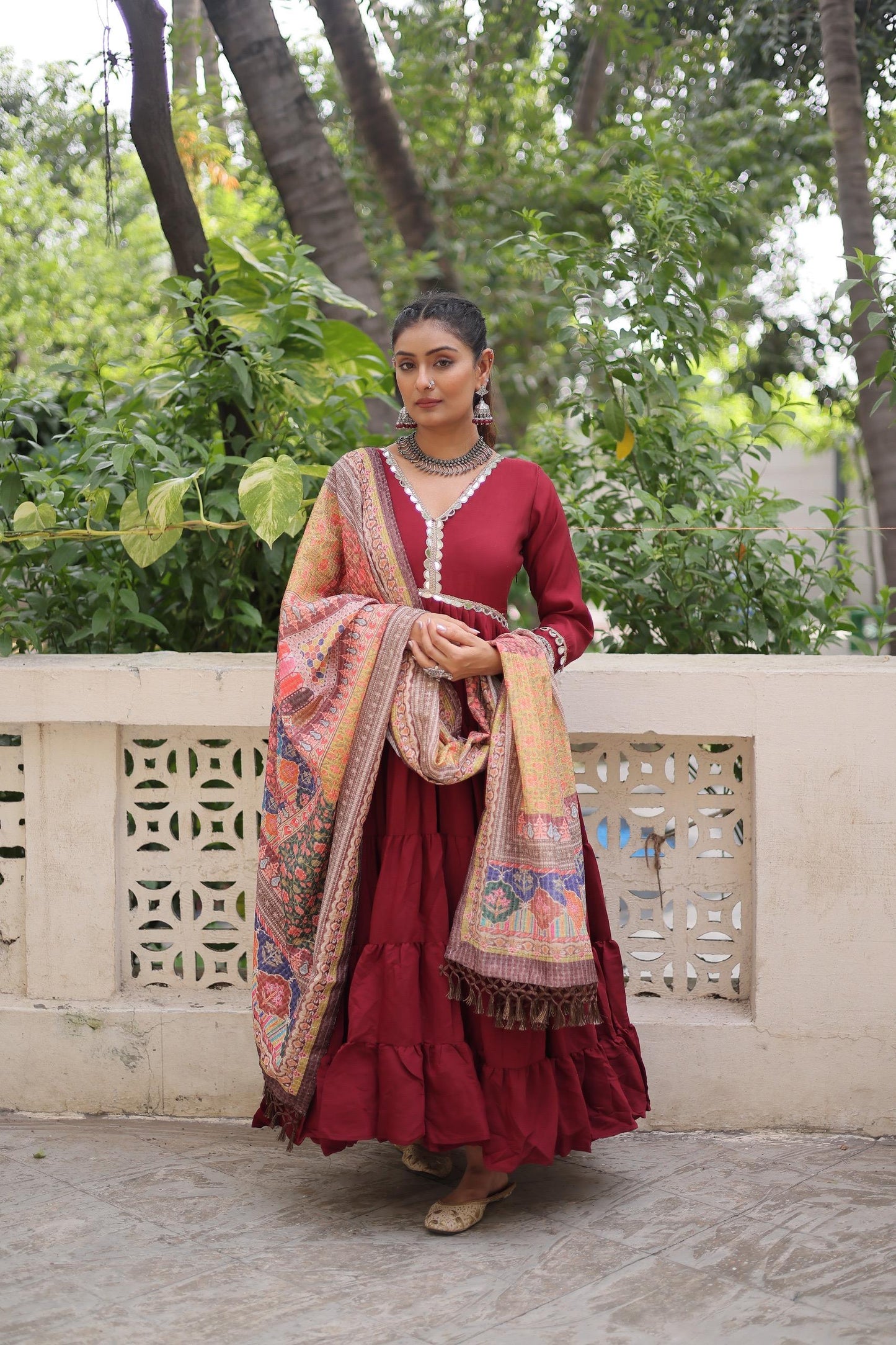 Festive-Ready Maroon Gown With Rich Multi-Print Dupatta
