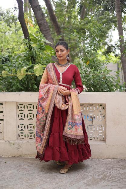 Festive-Ready Maroon Gown With Rich Multi-Print Dupatta