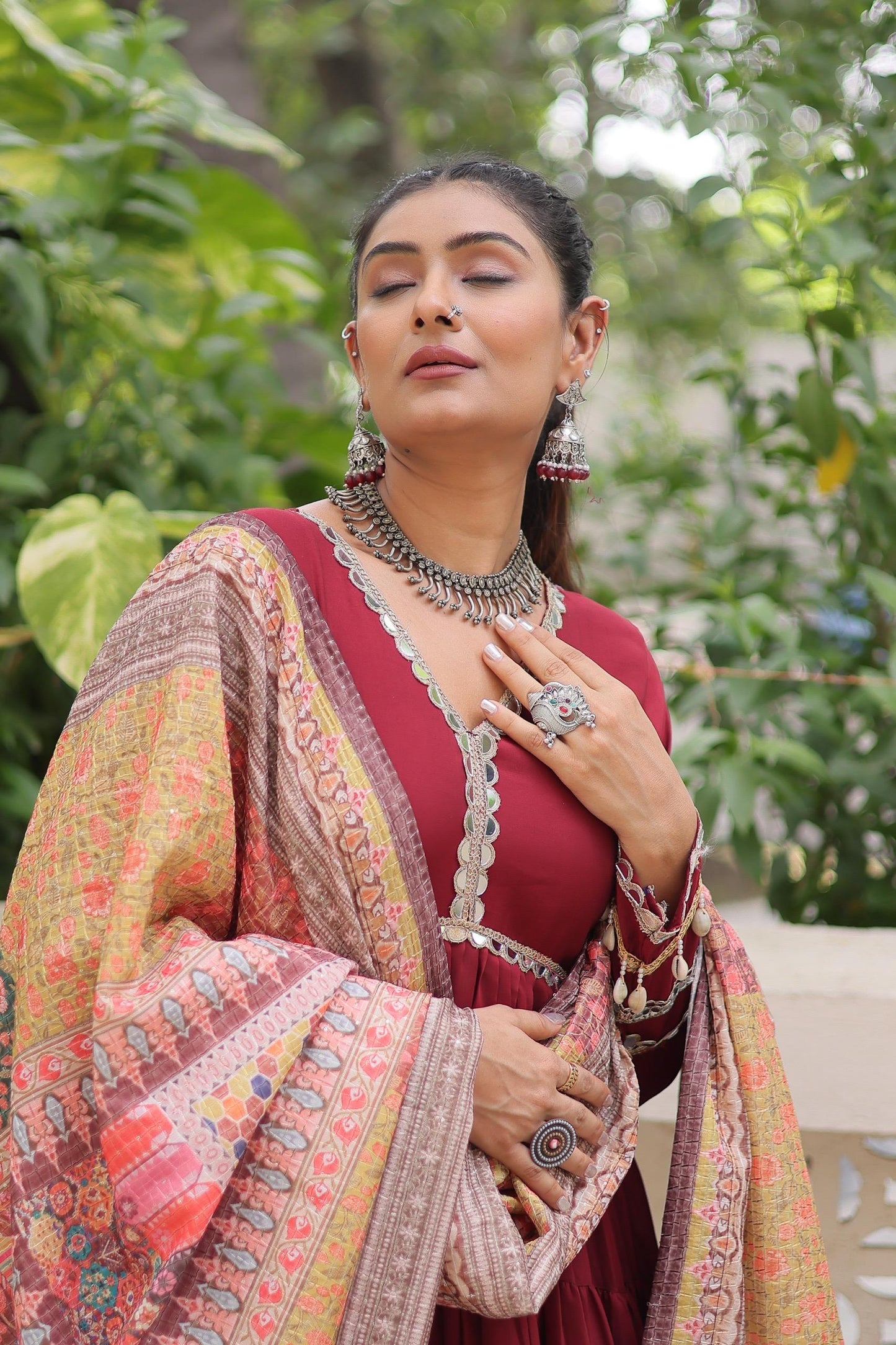 Festive-Ready Maroon Gown With Rich Multi-Print Dupatta