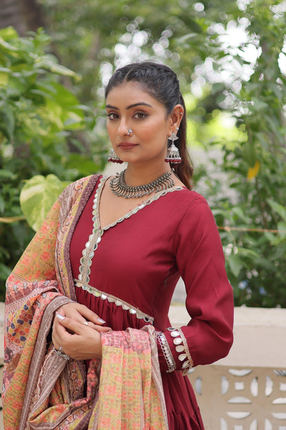 Festive-Ready Maroon Gown With Rich Multi-Print Dupatta