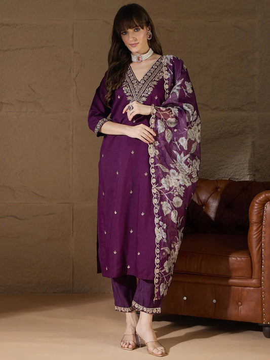 Women's wear Purple Embroidered Silk Blend Straight Suit With Dupatta