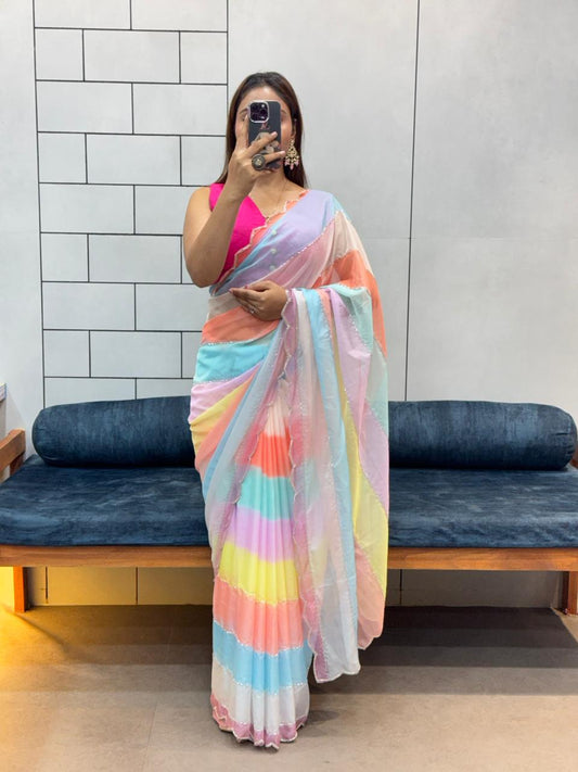 Designer Multicolor Rainbow Organza Saree with Hand