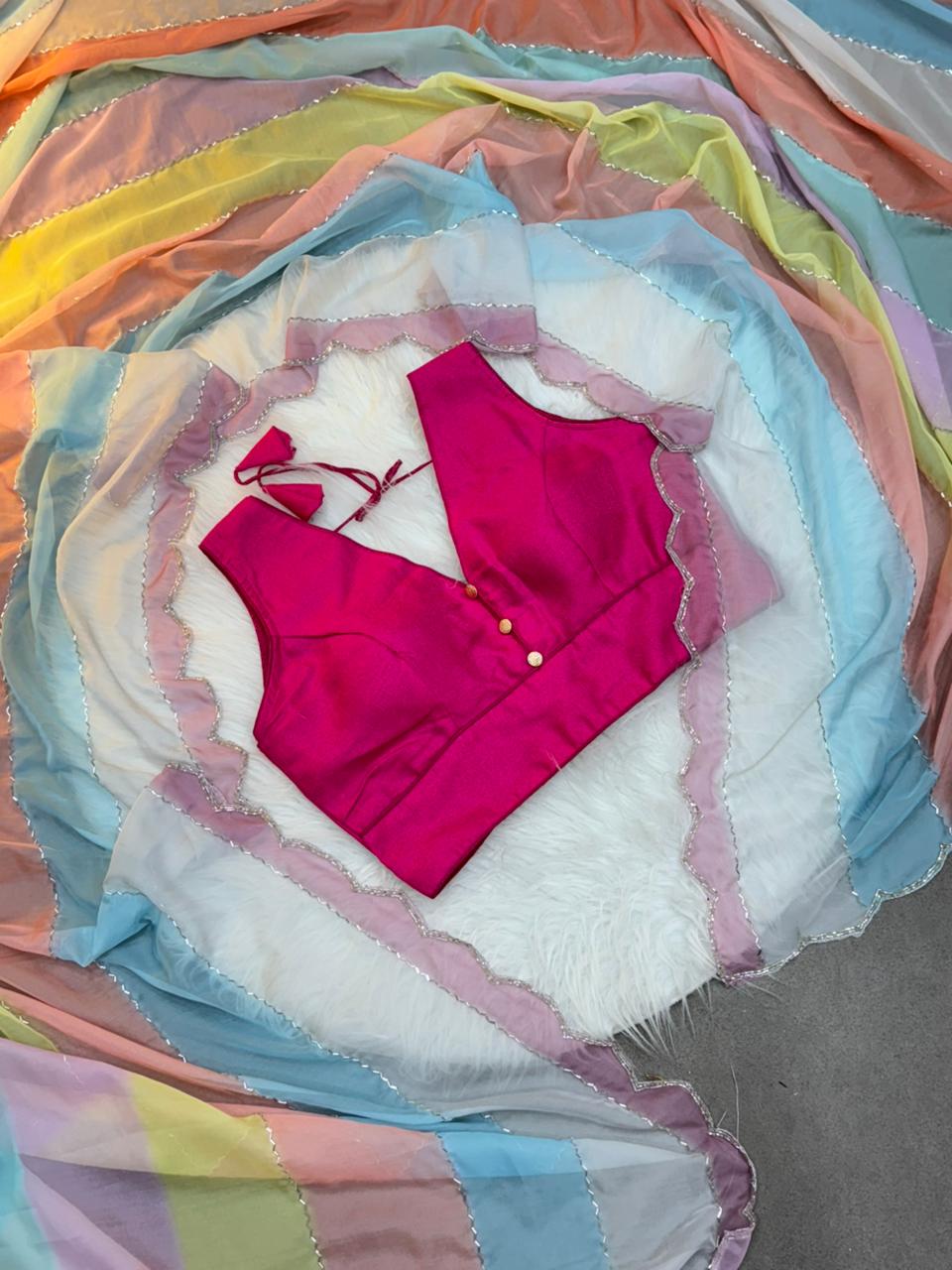 Designer Multicolor Rainbow Organza Saree with Hand