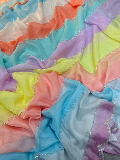 Designer Multicolor Rainbow Organza Saree with Hand