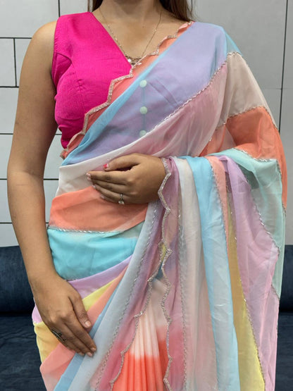 Designer Multicolor Rainbow Organza Saree with Hand