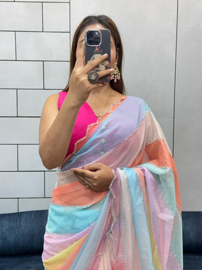 Designer Multicolor Rainbow Organza Saree with Hand