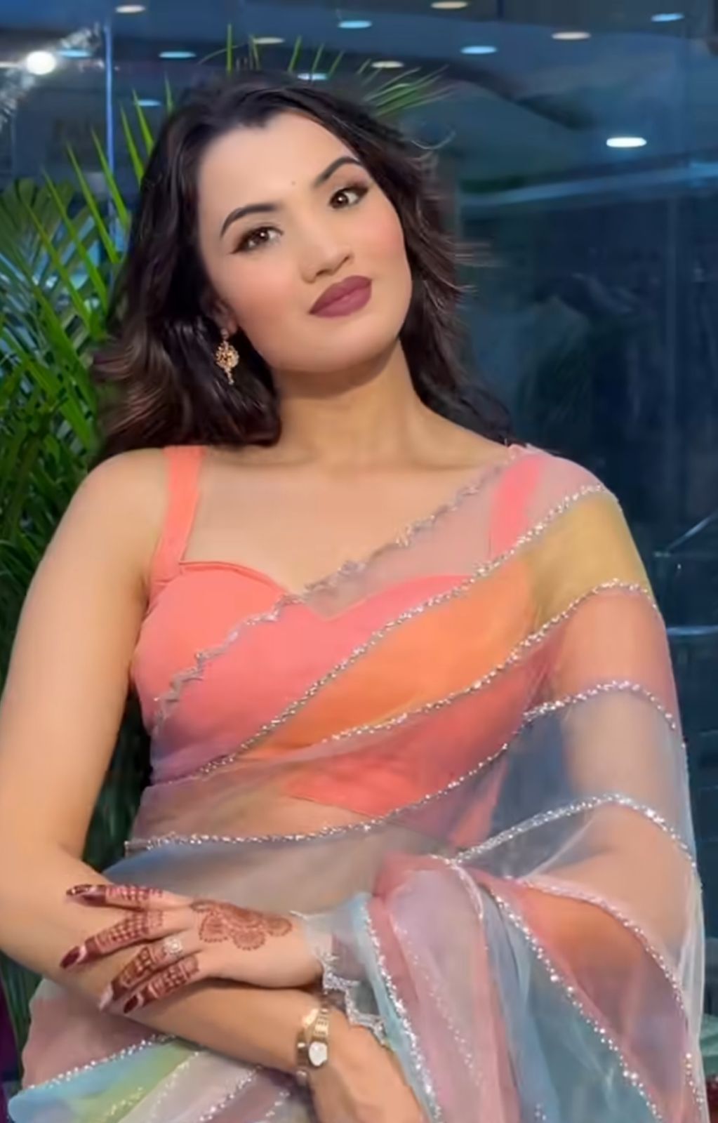 Multi colour Digital Printed Tabby Silk Saree with Diamond Work