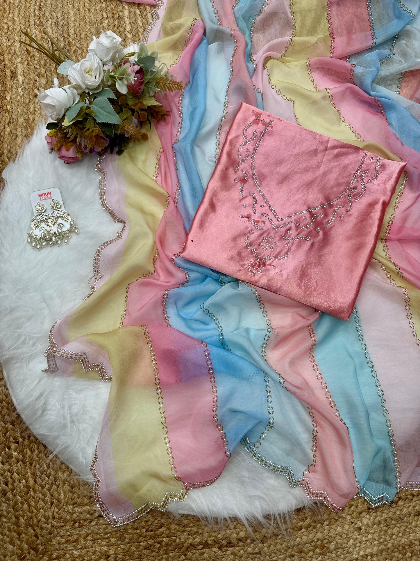 Multi colour Digital Printed Tabby Silk Saree with Diamond Work