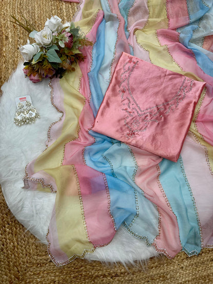 Multi colour Digital Printed Tabby Silk Saree with Diamond Work