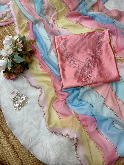 Multi colour Digital Printed Tabby Silk Saree with Diamond Work