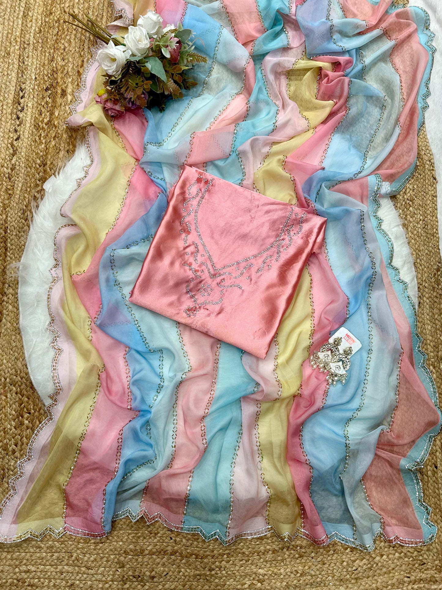 Multi colour Digital Printed Tabby Silk Saree with Diamond Work