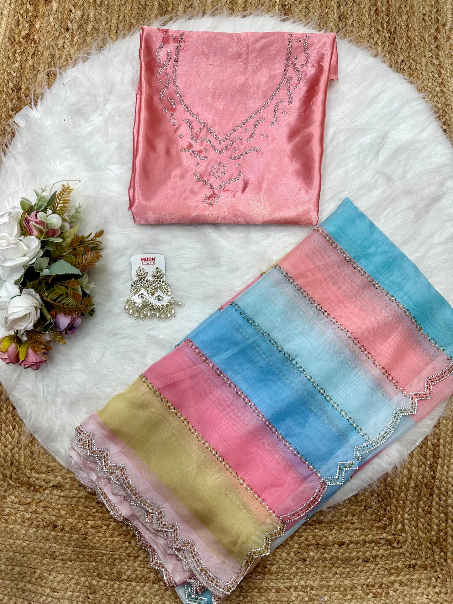 Multi colour Digital Printed Tabby Silk Saree with Diamond Work