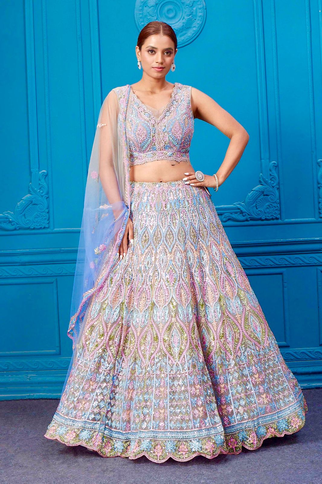 Bridal Wear Heavy Embroidery Chine Stitched With Real Mirror Hand Work Bright Lehengas Choli