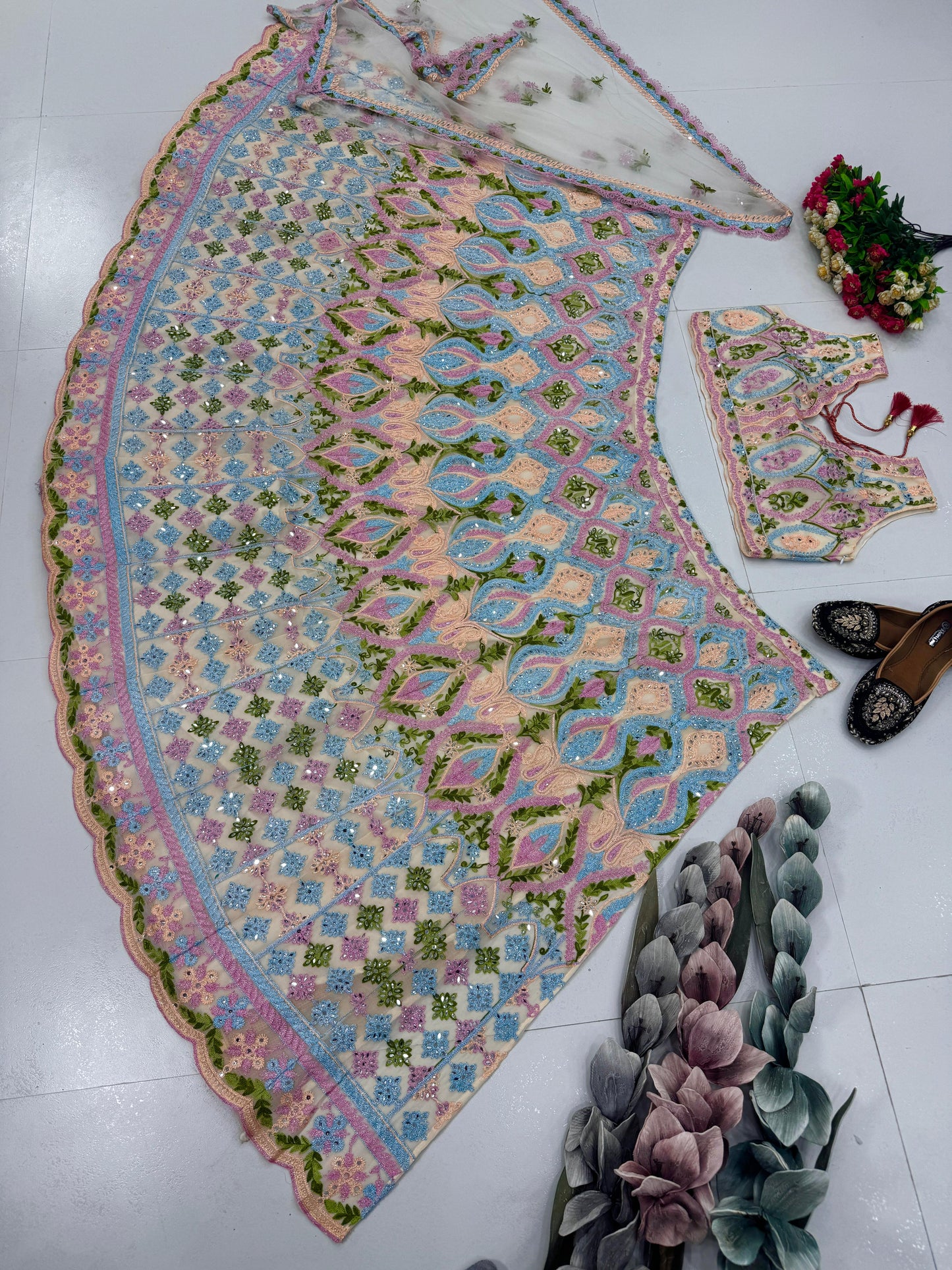 Bridal Wear Heavy Embroidery Chine Stitched With Real Mirror Hand Work Bright Lehengas Choli