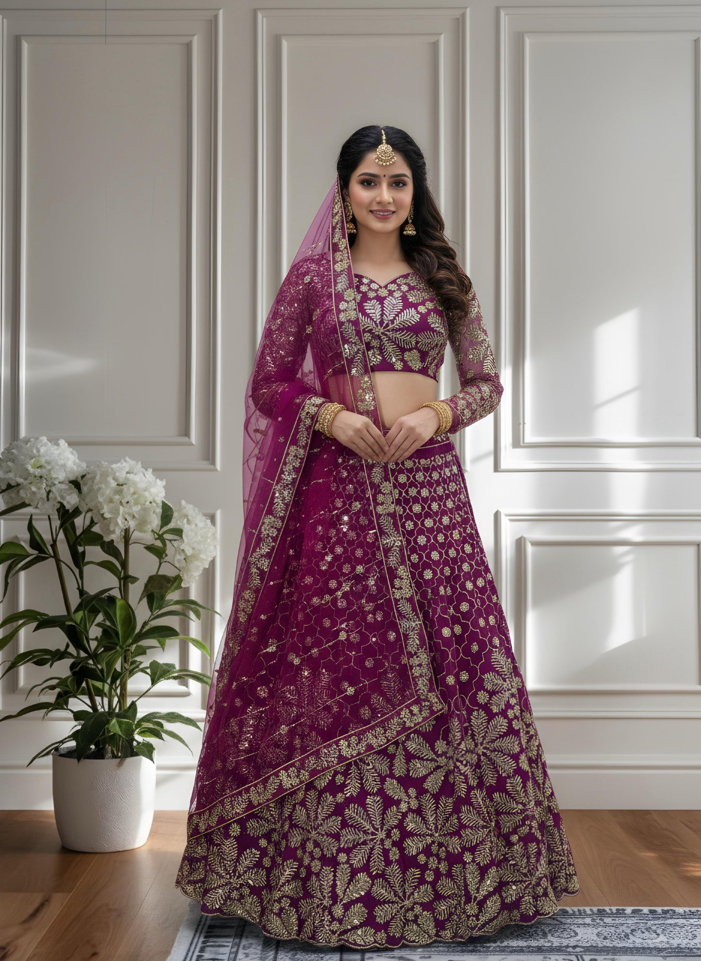 Magenta Net Lehenga Choli With Sequins Embroidery