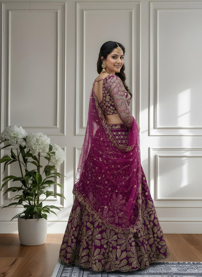 Magenta Net Lehenga Choli With Sequins Embroidery