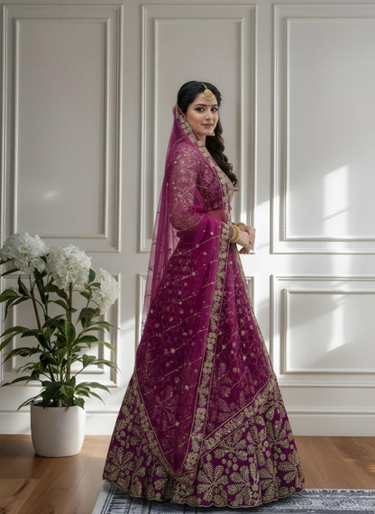 Magenta Net Lehenga Choli With Sequins Embroidery