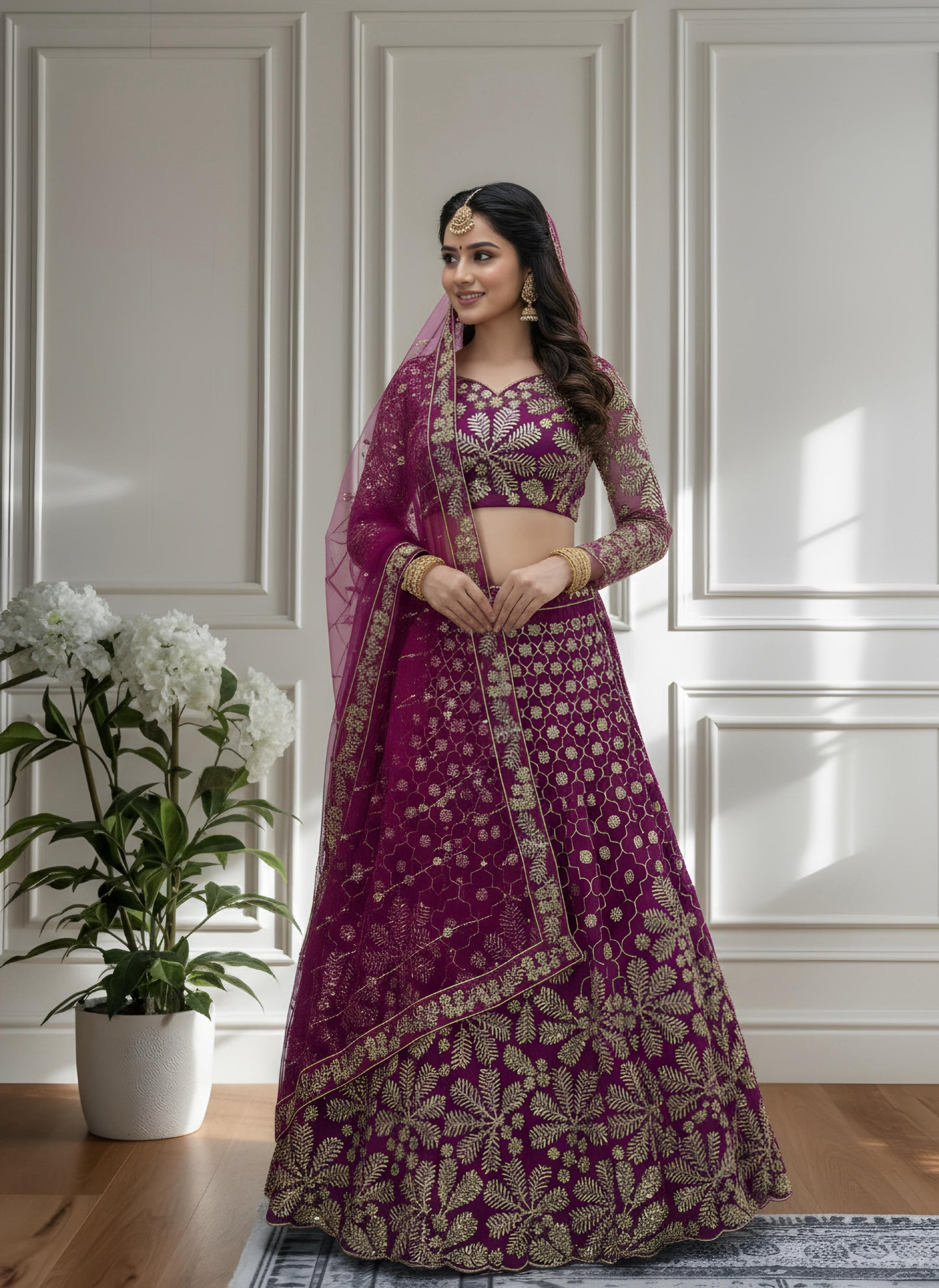Magenta Net Lehenga Choli With Sequins Embroidery