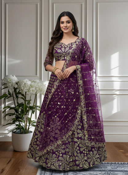 Purple Designer Sequins  & Embroidered Work Bridal Lehenga Choli