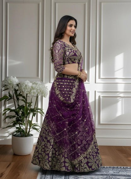 Purple Designer Sequins  & Embroidered Work Bridal Lehenga Choli