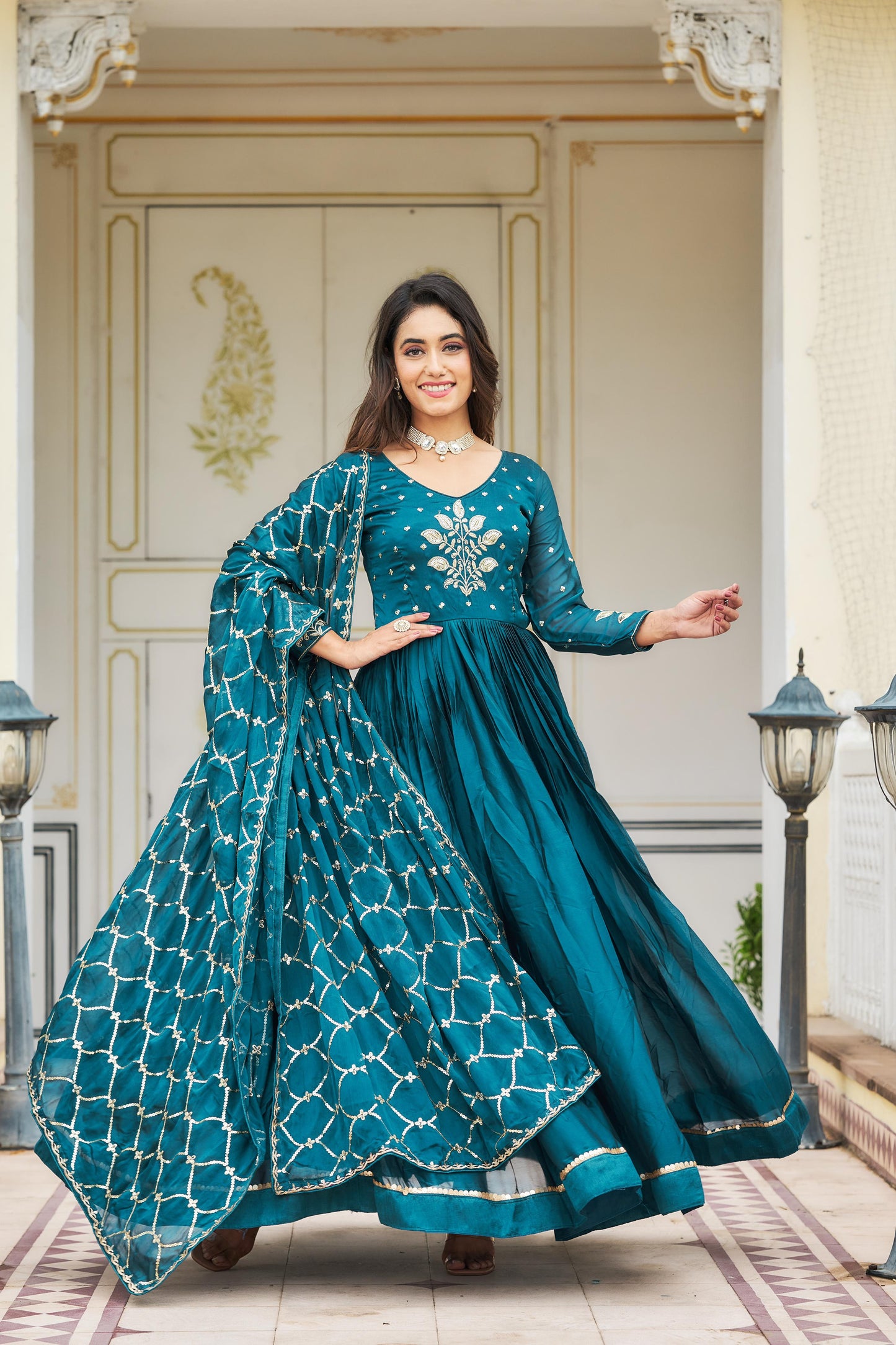 Majestic Blue Color Rangoli Sequence Embroidery Gown