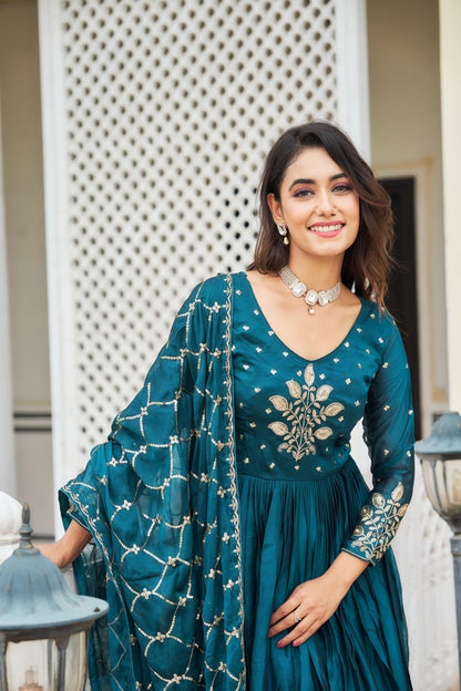 Majestic Blue Color Rangoli Sequence Embroidery Gown