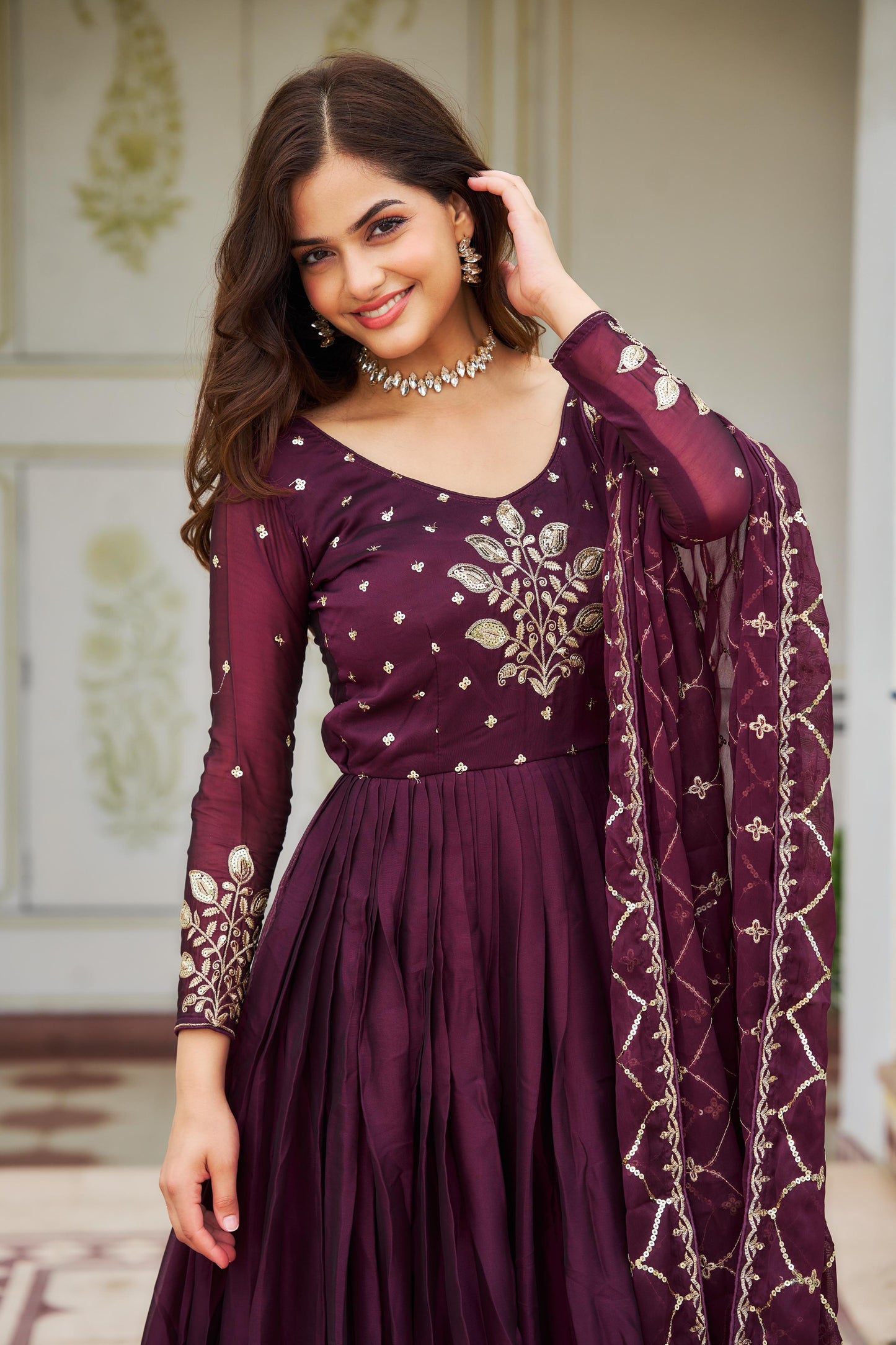 Lovely wine color sequence embroidery work gown with dupatta