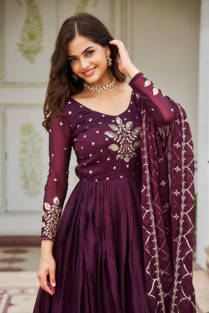 Lovely wine color sequence embroidery work gown with dupatta