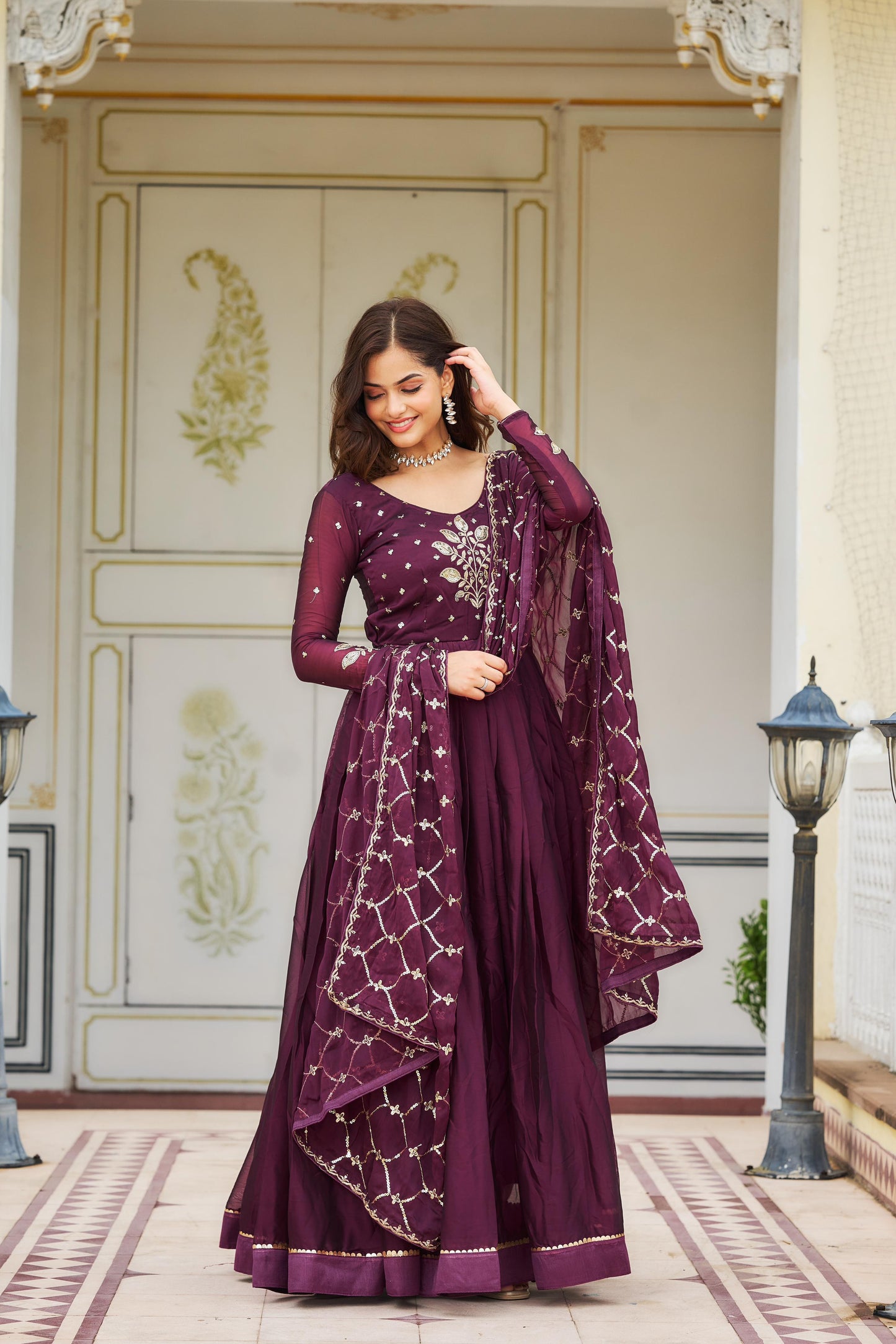 Lovely wine color sequence embroidery work gown with dupatta