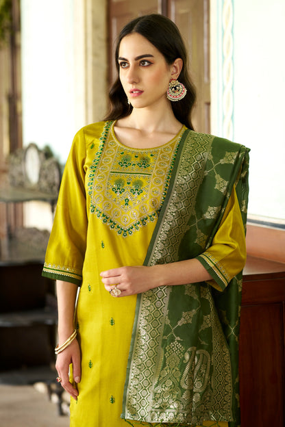 Silk Blend Yellow Kurta With Dupatta Set