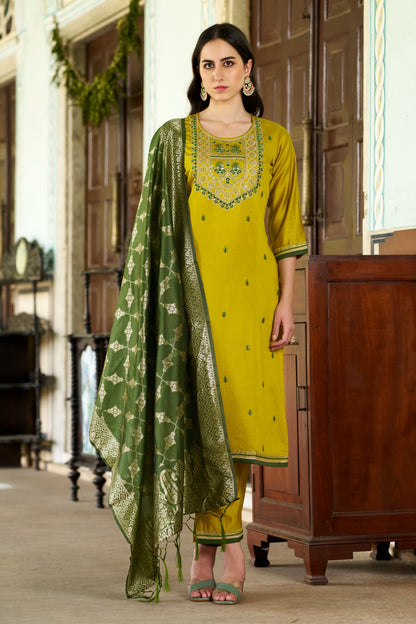 Silk Blend Yellow Kurta With Dupatta Set