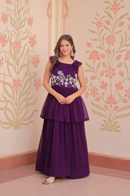 Purple Designer Faux Blooming Embroidered Gown with Bead Work & Canvas Patta