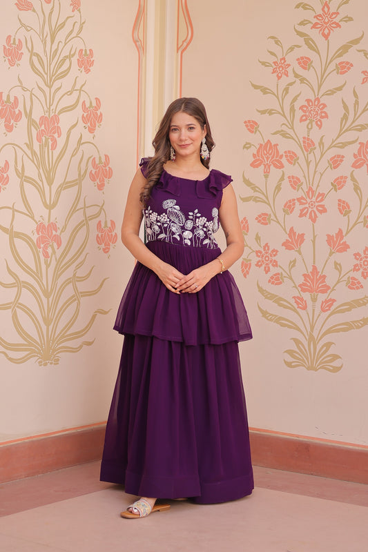 Purple Designer Faux Blooming Embroidered Gown with Bead Work & Canvas Patta