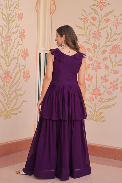 Purple Designer Faux Blooming Embroidered Gown with Bead Work & Canvas Patta