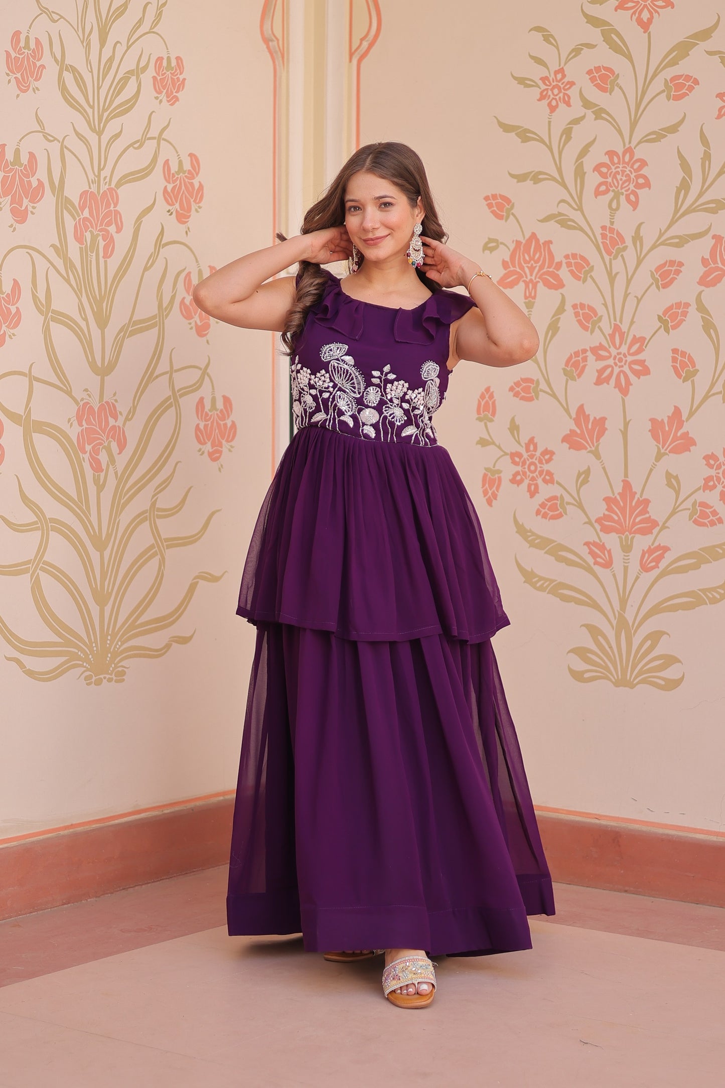 Purple Designer Faux Blooming Embroidered Gown with Bead Work & Canvas Patta