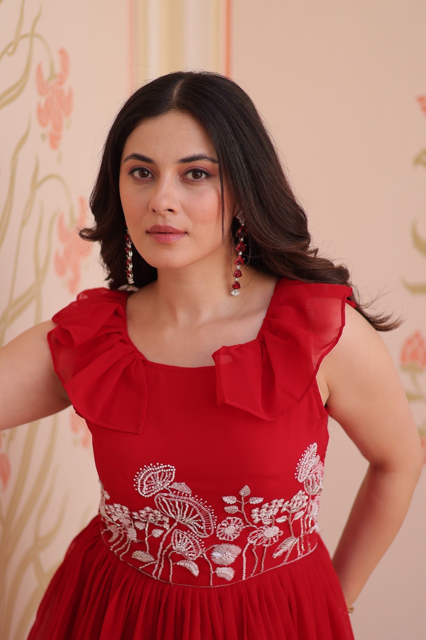 Red Designer Faux Blooming Embroidered Gown with Bead Work & Canvas Patta