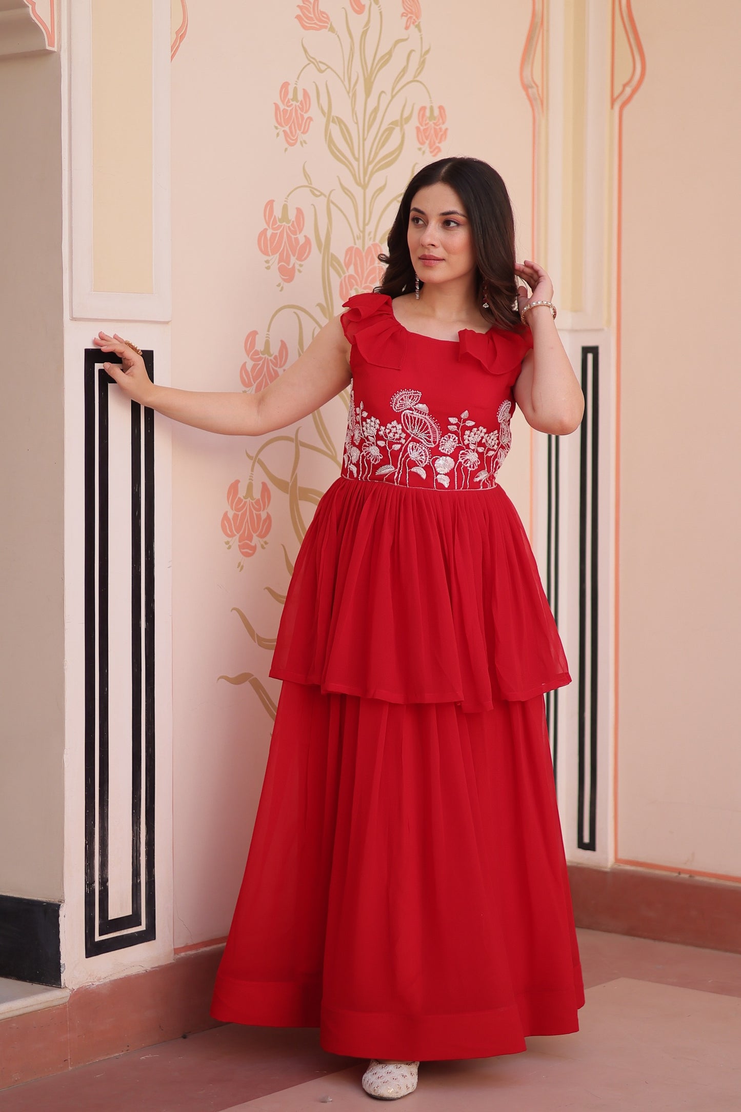 Red Designer Faux Blooming Embroidered Gown with Bead Work & Canvas Patta