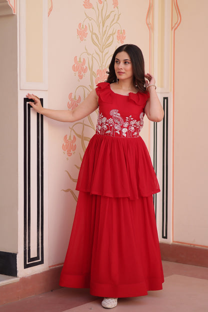 Red Designer Faux Blooming Embroidered Gown with Bead Work & Canvas Patta