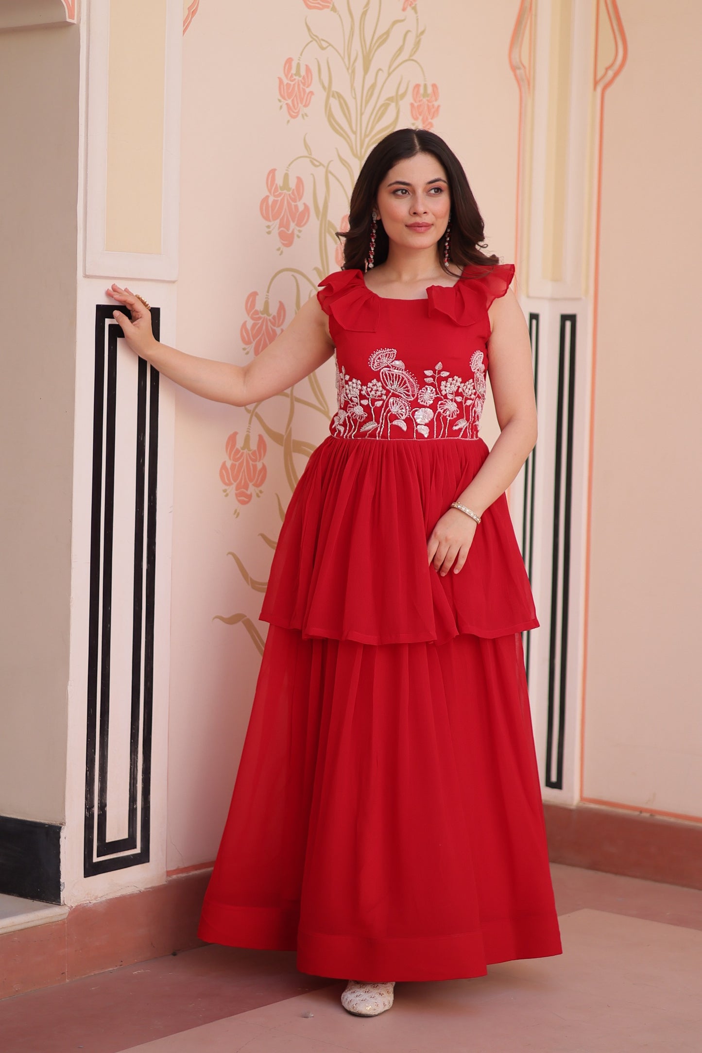 Red Designer Faux Blooming Embroidered Gown with Bead Work & Canvas Patta