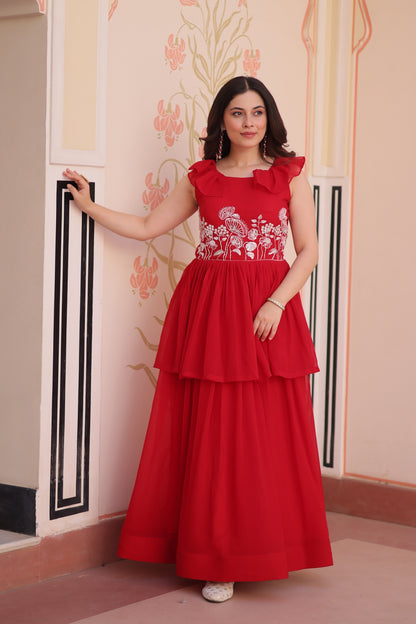 Red Designer Faux Blooming Embroidered Gown with Bead Work & Canvas Patta
