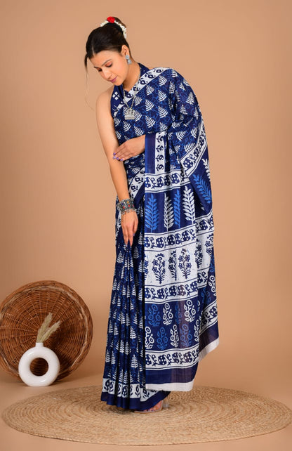 Navy Blue Printed Saree with Elegant Floral & Geometric Design