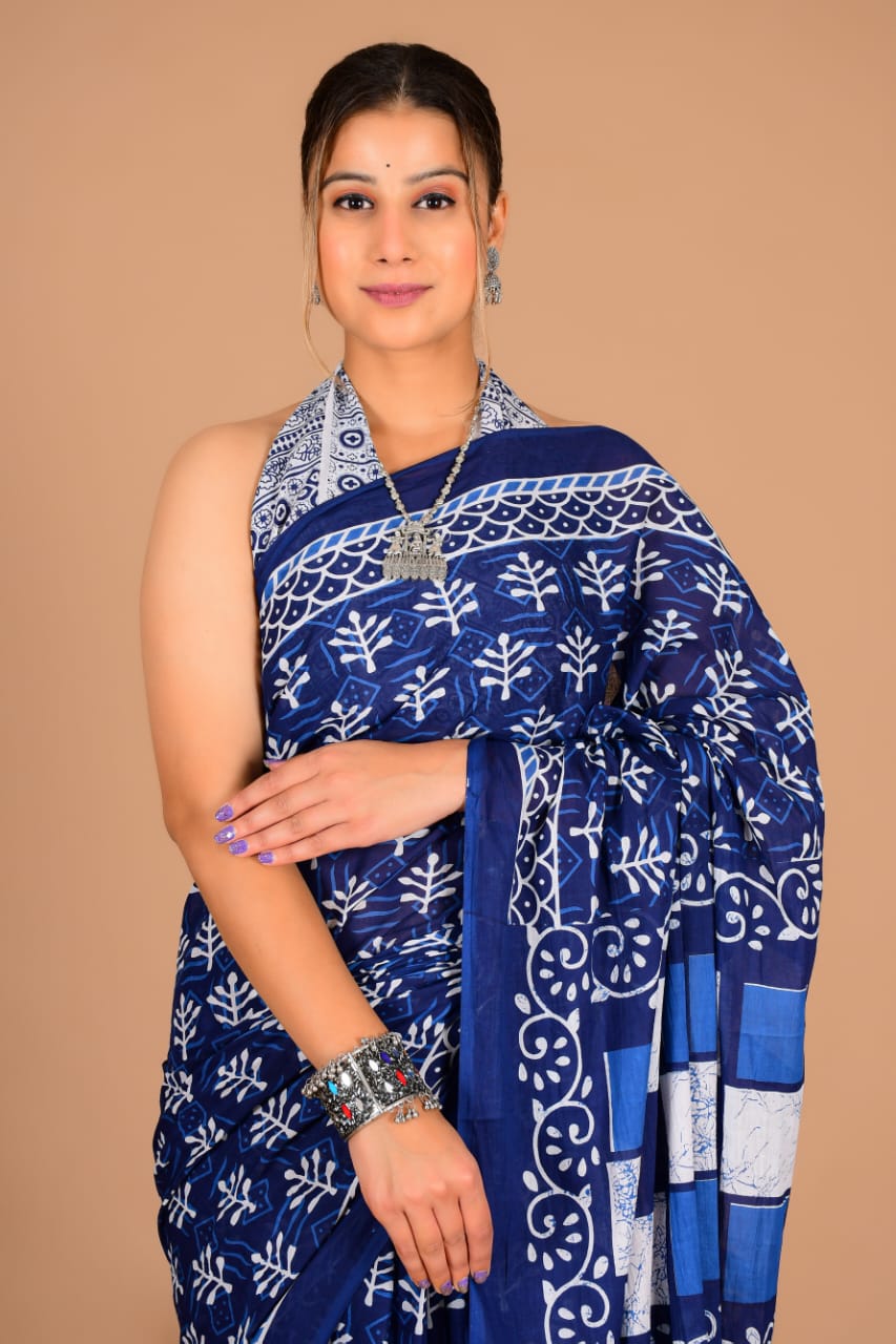 Navy Blue Printed Saree with Elegant Floral & Geometric Design