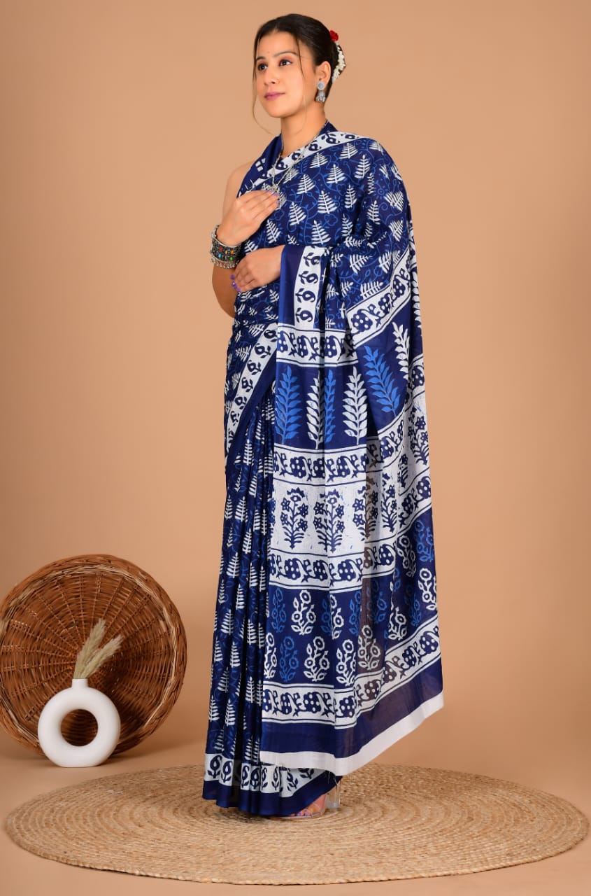 Navy Blue Printed Saree with Elegant Floral & Geometric Design