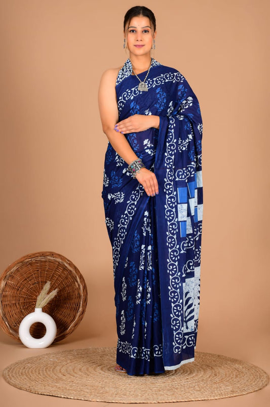 Navy Blue Printed Saree with Elegant Floral & Geometric Design