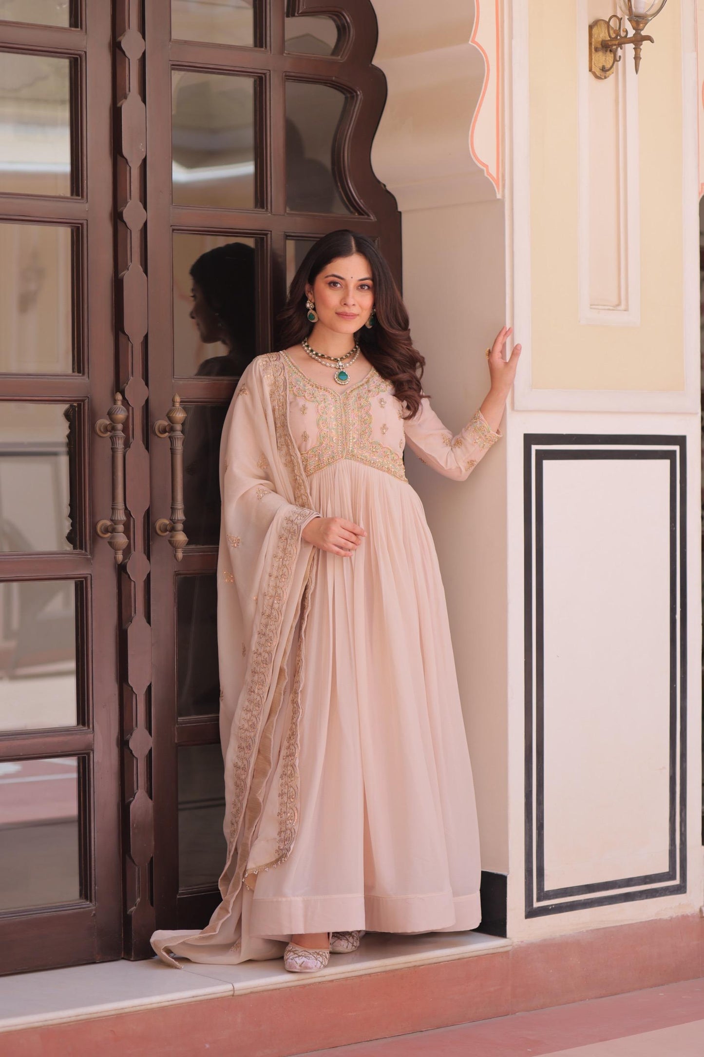 Peach Color Star Georgette Beads Sequins Embroidery Gown with Dupatta