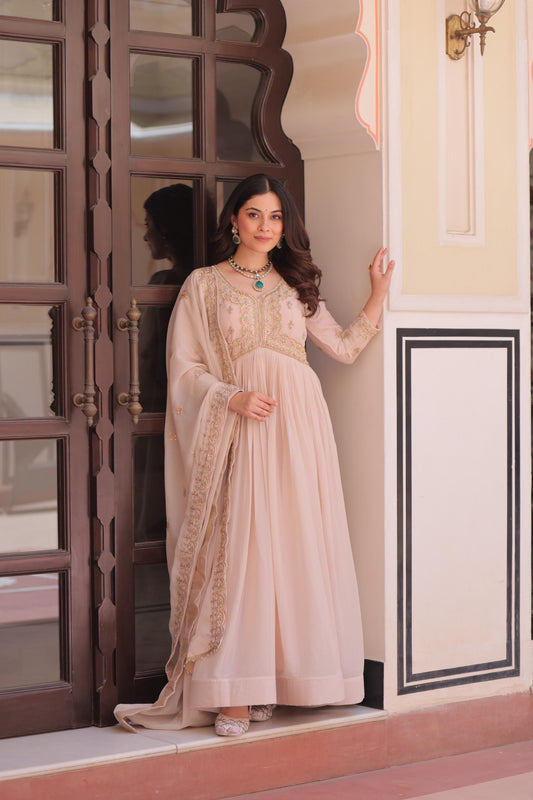 Peach Color Star Georgette Beads Sequins Embroidery Gown with Dupatta