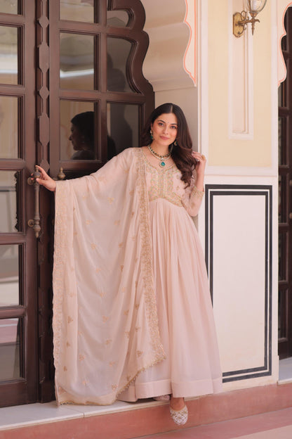 Peach Color Star Georgette Beads Sequins Embroidery Gown with Dupatta