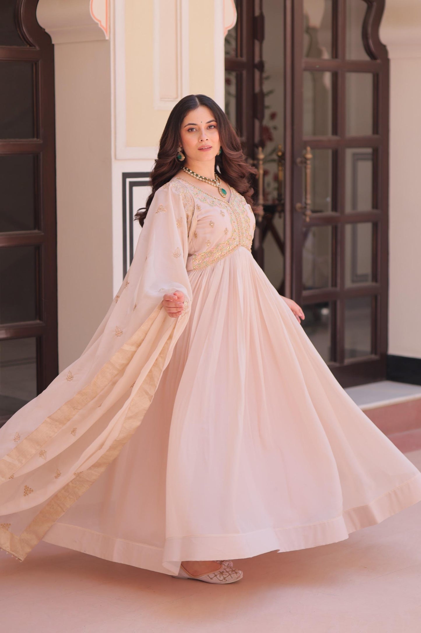 Peach Color Star Georgette Beads Sequins Embroidery Gown with Dupatta
