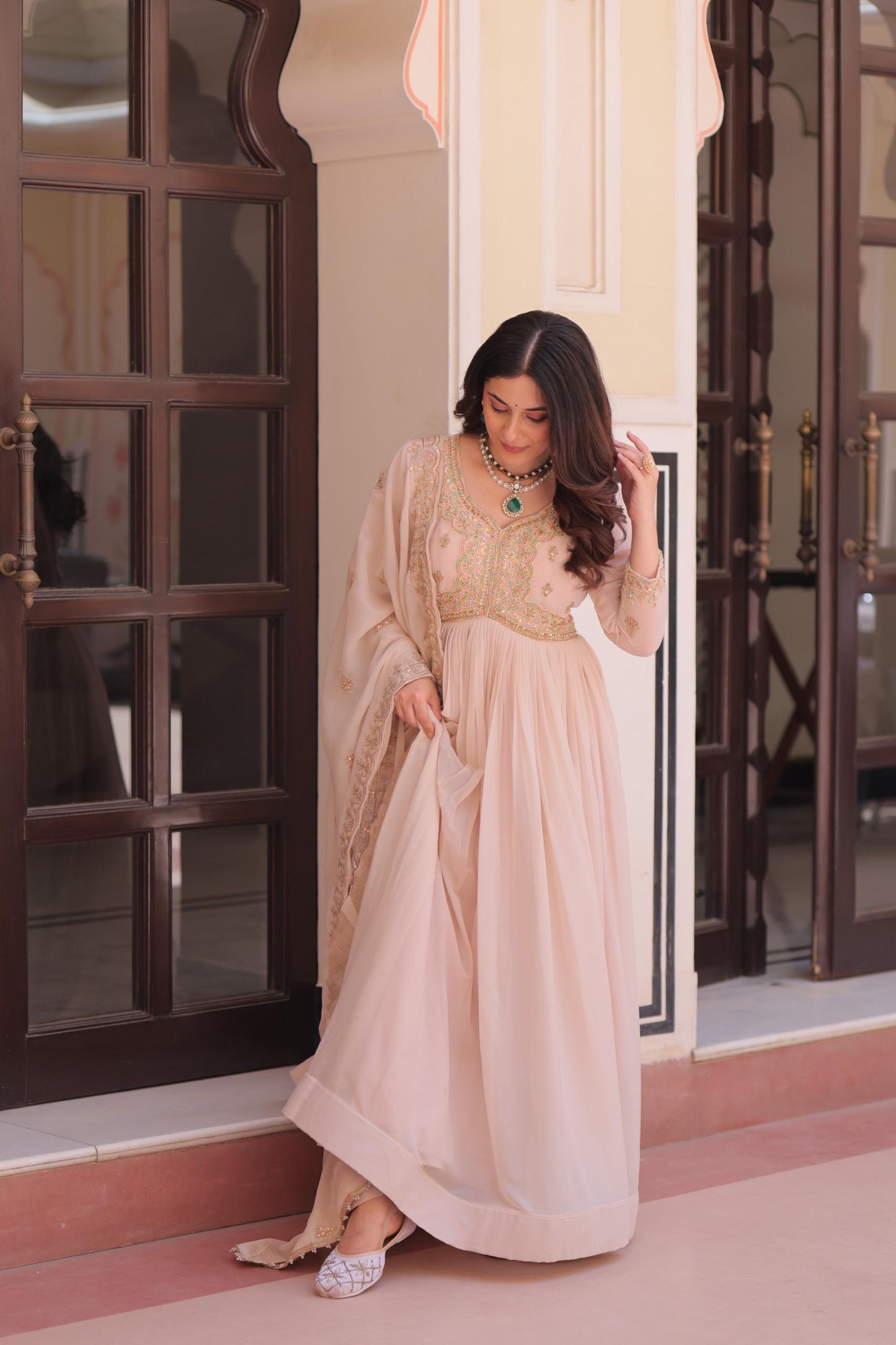 Peach Color Star Georgette Beads Sequins Embroidery Gown with Dupatta
